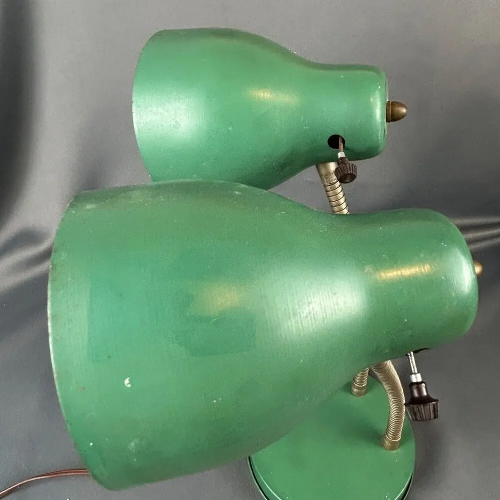 MCM Double Gooseneck Leviton Green Metal Desk Working Table Light Lamp